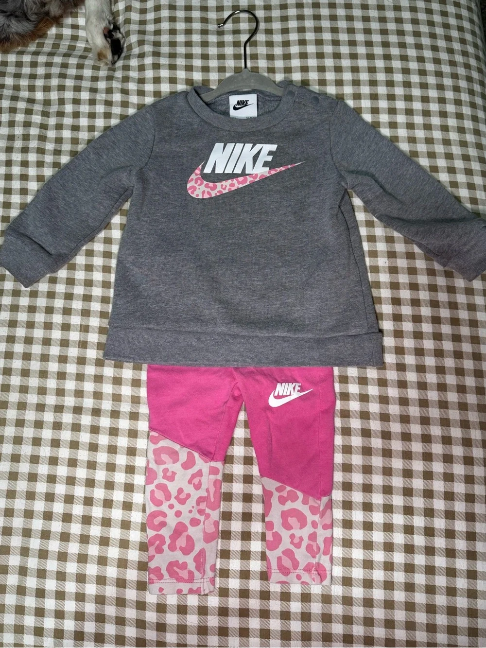 Nike Grey Sweatshirt with Pink Leopard Swoosh & Pink Leopard Panel Leggings